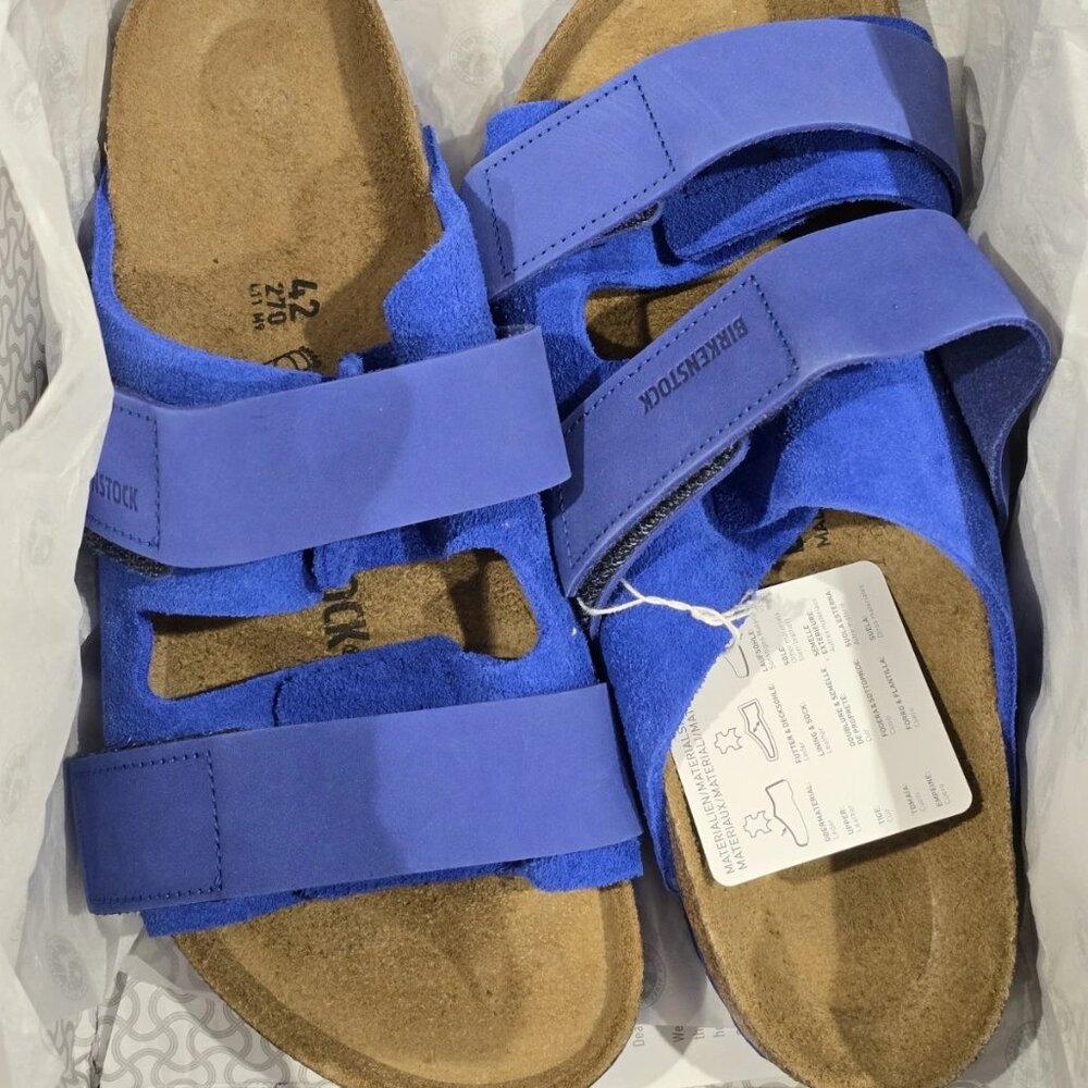 $ 150- Birkenstock UJI Nubuck/Suede Leather Slide Sandals 1025649 Blue- Unisex - Picture 9 of 9